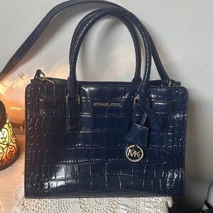 Michael Kors Dark Blue Crocodile Embossed Satchel